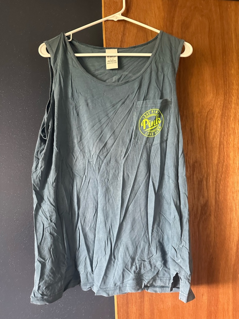 PINK Victoria's Secret Slate Blue Tank with Neon Yellow Logo